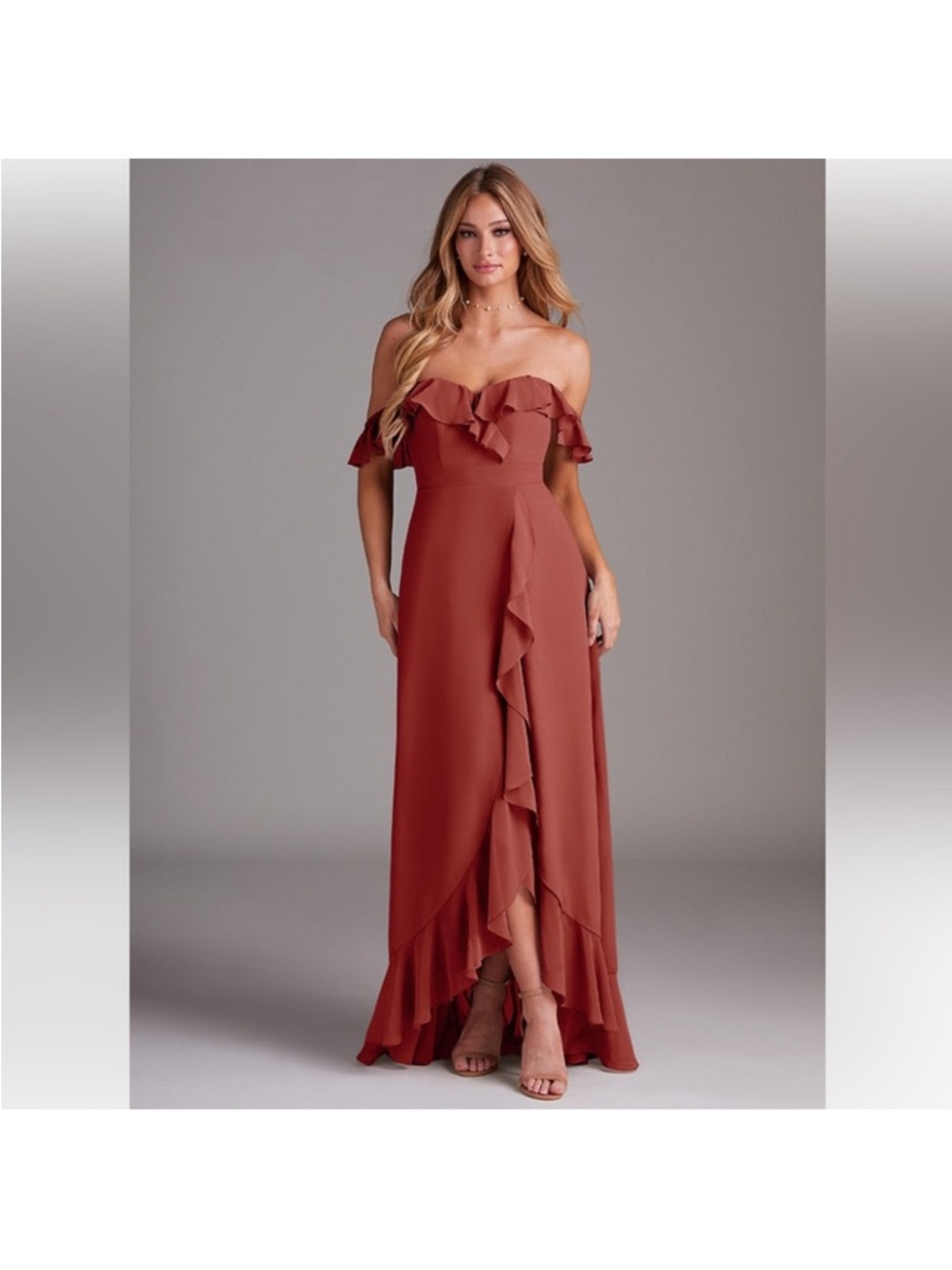 Azazie Lyra Dress Off-Shoulder Ruffle Maxi Dress in Terracotta / Rust